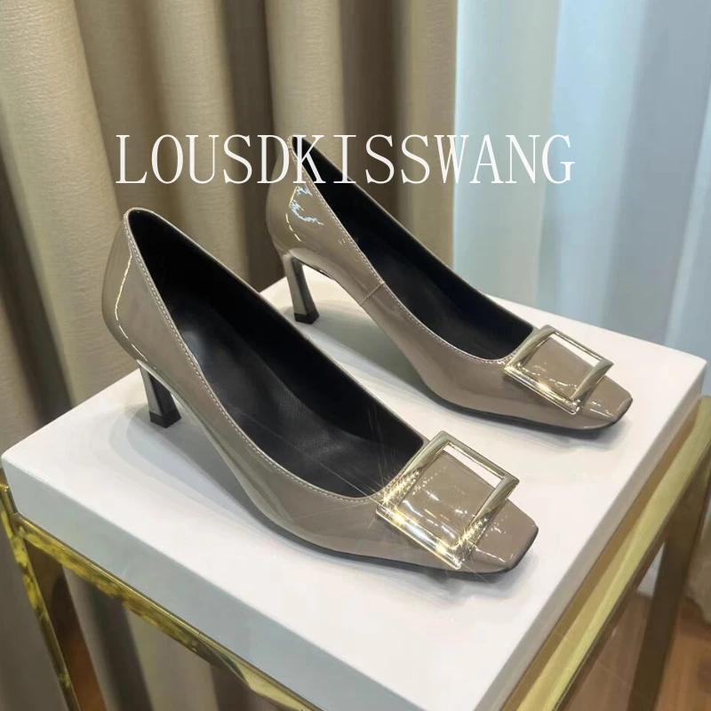 Women's Single Shoes Spring and Autumn 2024 New High Heel Fashion Metal Square Buckle Mid Heel Square Head Shallow Mouth Shoes