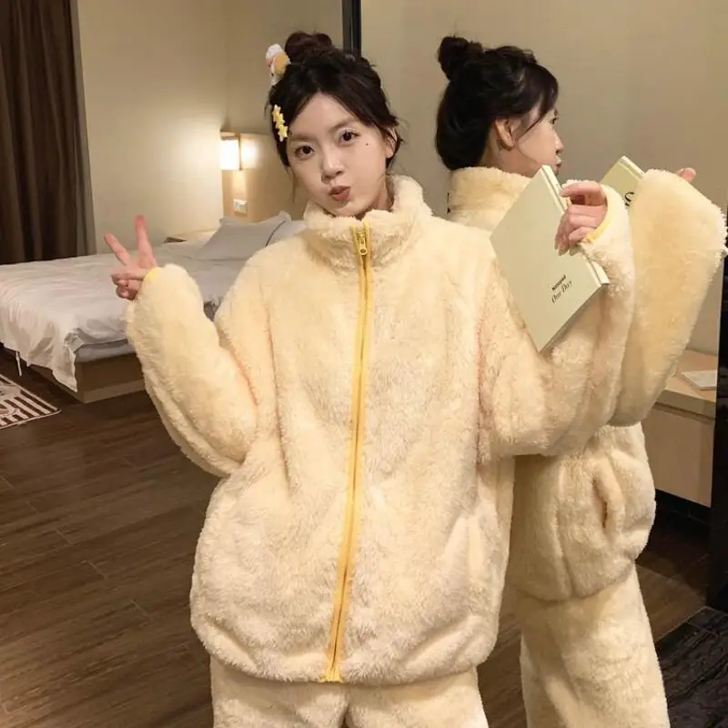 

Women's Sleepwear Pajama Set Homeclothes Girl's Sweet Stand Collar Zipper Coral Fleece Flannel Thickened Homewear Autumn Winter