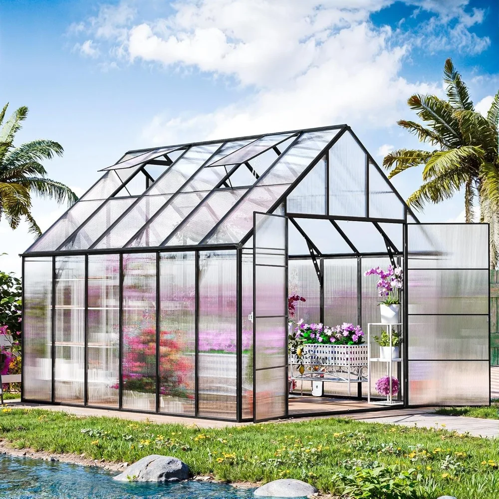 

12x10 FT Greenhouse for Outdoors, Easy Assembly Large Aluminum Heavy Duty Polycarbonate Greenhouses Kit w/2 Window