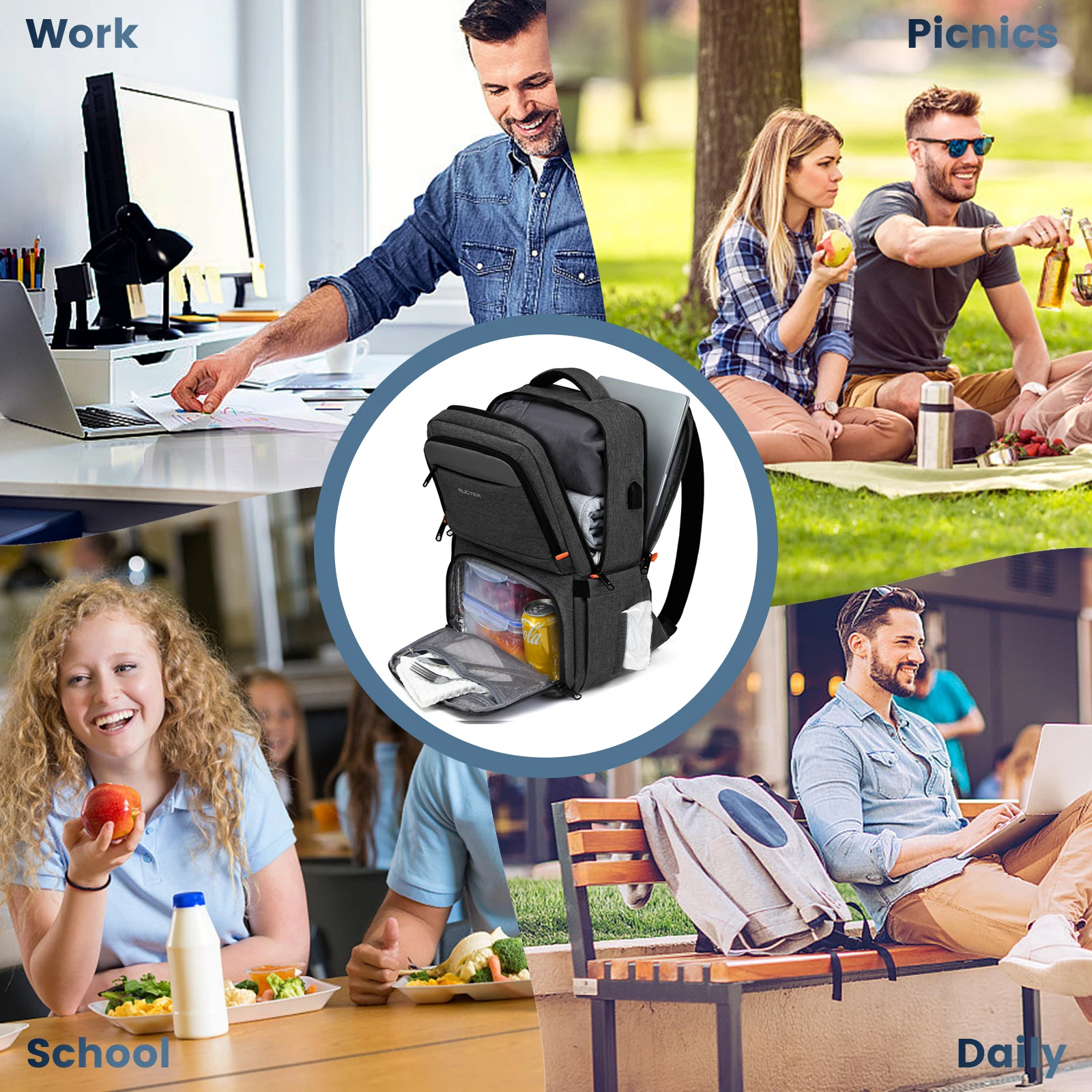 Lunch Backpack, Insulated Cooler Backpack Lunch Box for Men Women, 15.6 Inches RFID Blocking Laptop Backpack with USB Port Lunch