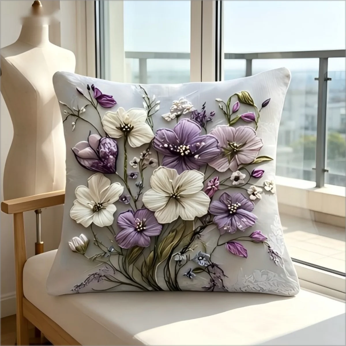 2D Effect Purple White Flower  - Embroidery Effect ulasan dan harga