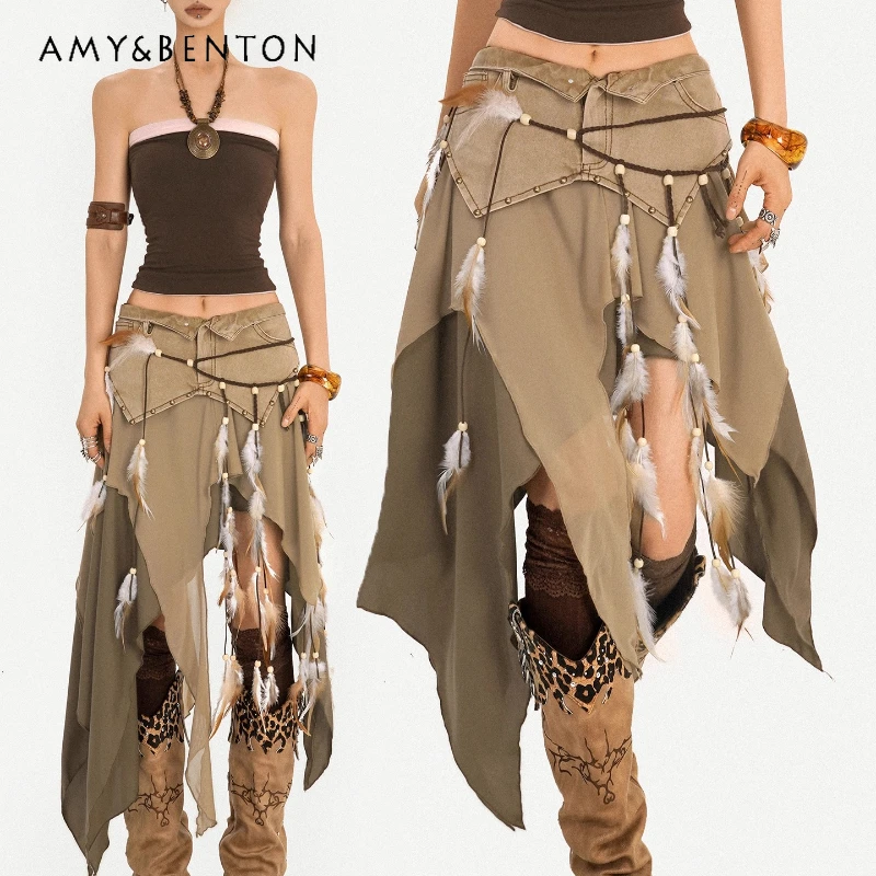 الرجعية تصميم نمط شبكة الربط المرأة الدنيم تنورة الخريف جديد الحلو بارد شخصية غير النظامية الشرير الساخن فتاة التنانير السيدات