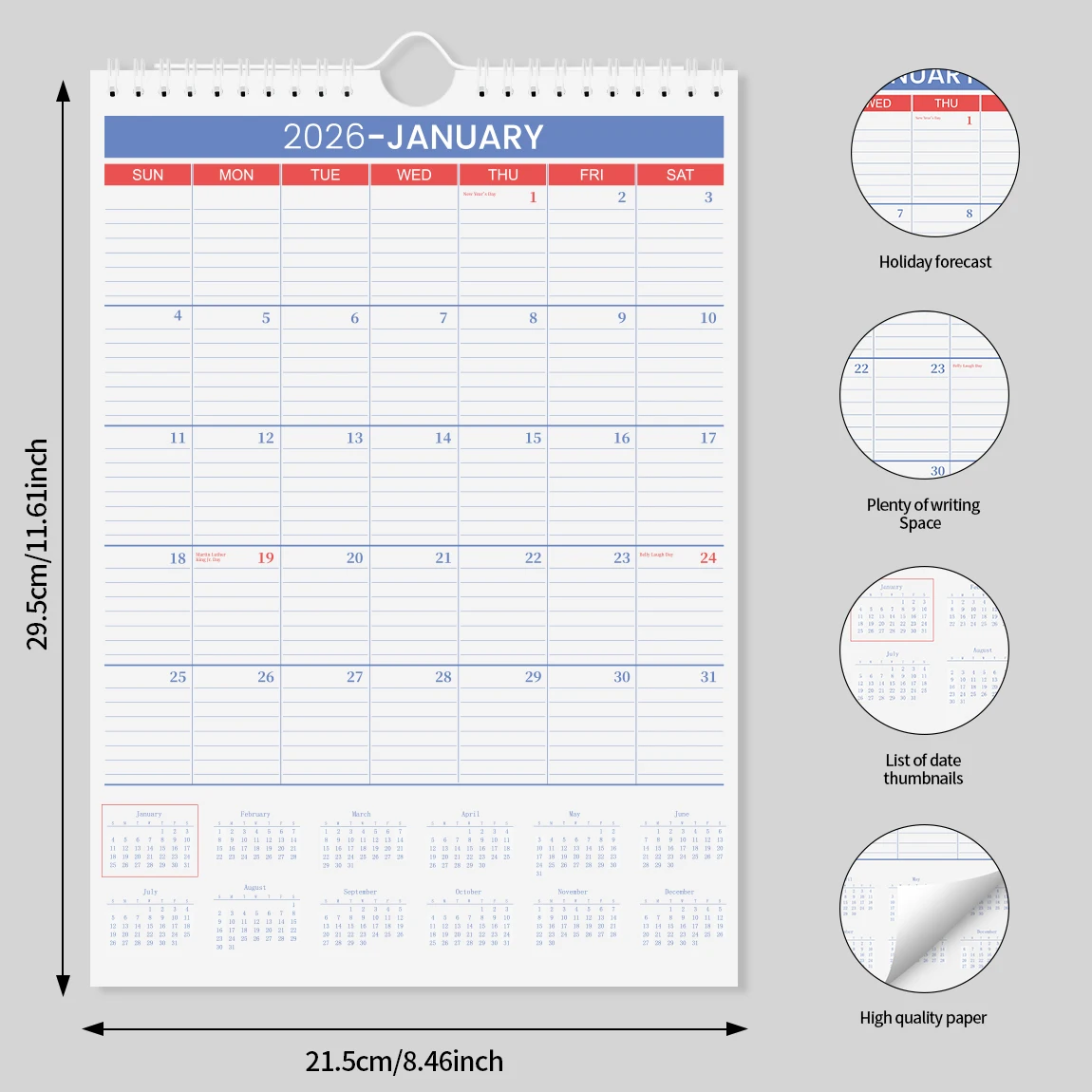 تقويم حائط A4 لعام 2026، يناير إلى ديسمبر، تخطيط شهري كبير، علامات العطلات، تصميم حلزوني سهل التعليق