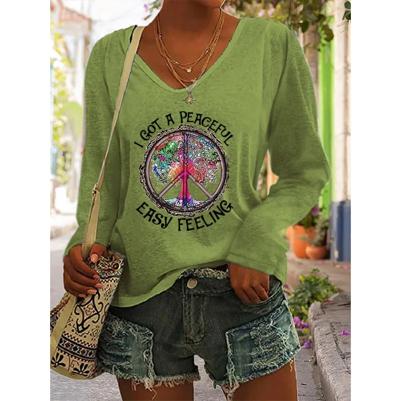 ilstile Damen-T-Shirts mit Hippie-Buchstaben-Aufdruck, Retro, lässig, locker, langärmelig, V-Ausschnitt, Schwarz, Blau, Grün, T-Shirts, heißer Verkauf