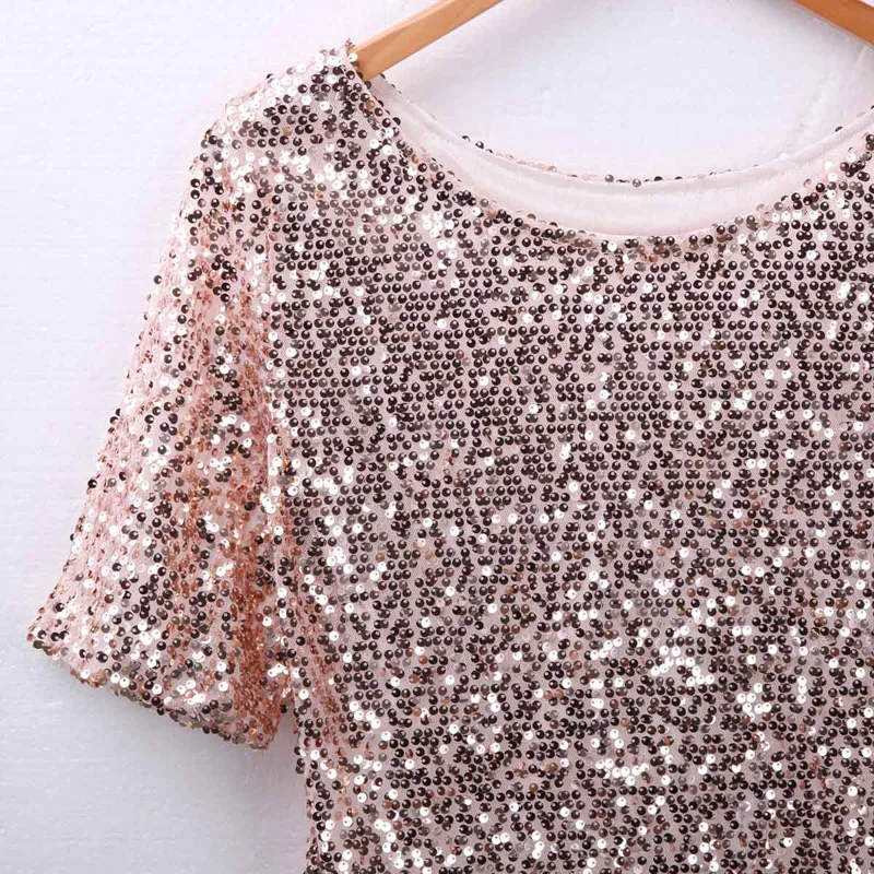 Kayotuas Women T-Shirt Hot Ladies Sloping Shoulder Glistening Sequin Stylish Chic Slim Top Loose Soft Casual Female Streetwear