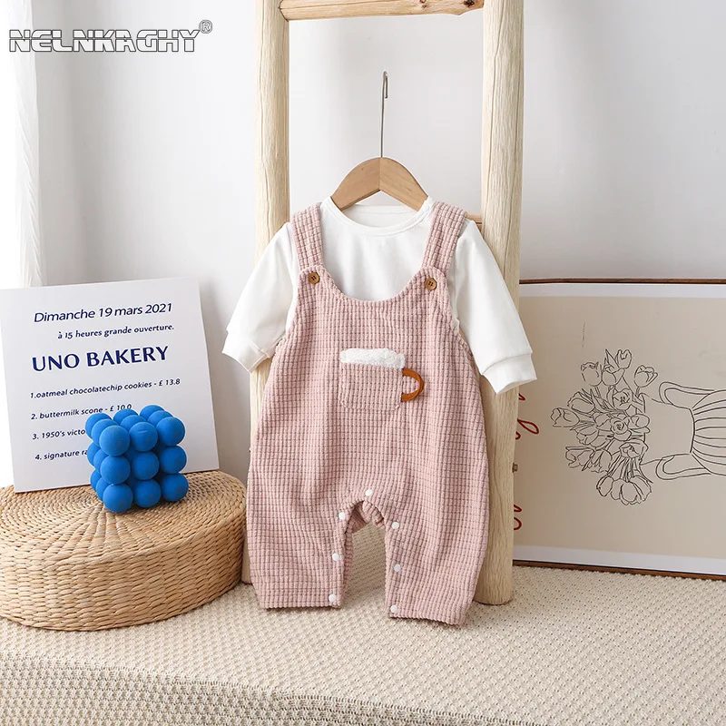 

2023 Autumn New Arrival: Infant Baby Girls Boys Solid Color Top Sweatshirts + Corduroy Overalls Romper 2pcs Clothing Set 0-24M