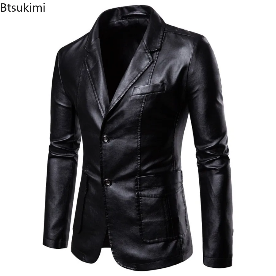 2025 Men's Business Casual Leather Jacket Fashion Slim Suit Collar PU Leather Coats Autumn New Vintage Streetwear Large Size 6XL