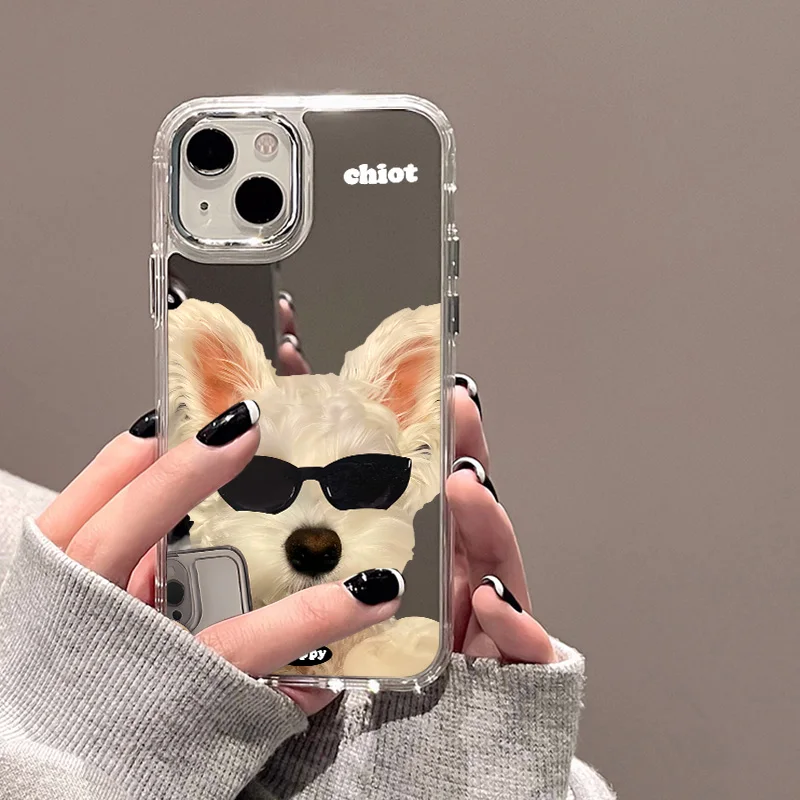 Sunglasses Dog Pattern Mirror Phone Case For iPhone 11 Case Funda iPhone 12 13 14 15 Pro Max XR XS Max Make up Mirror Soft Cover