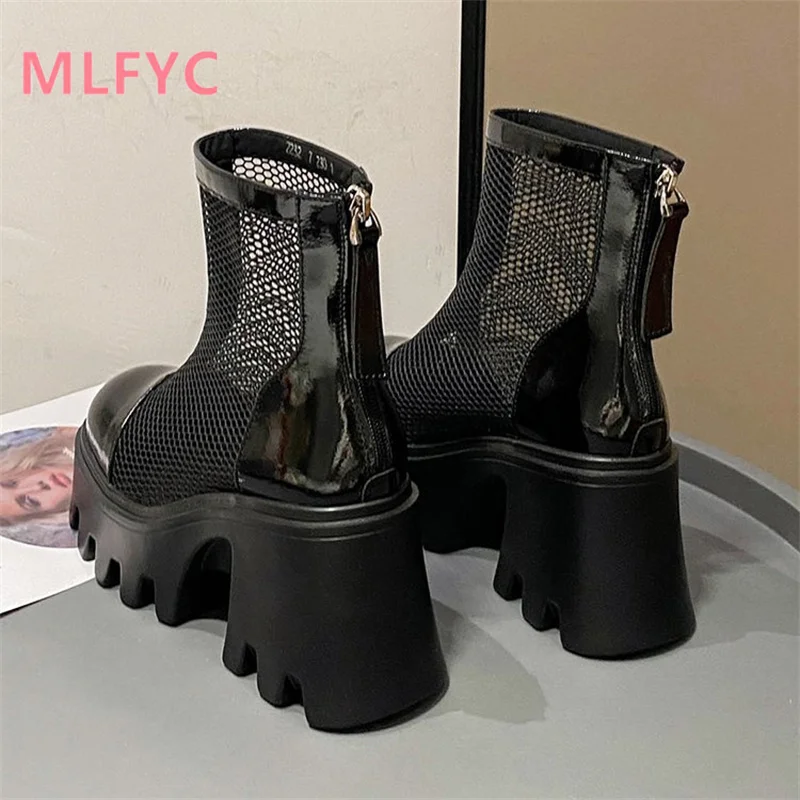 Summer Thin Women\'s Mesh Breathable Smoke Pipe Boots Thick Heel Elevated Hollow Mesh Boots ladies Simple Single Shoe