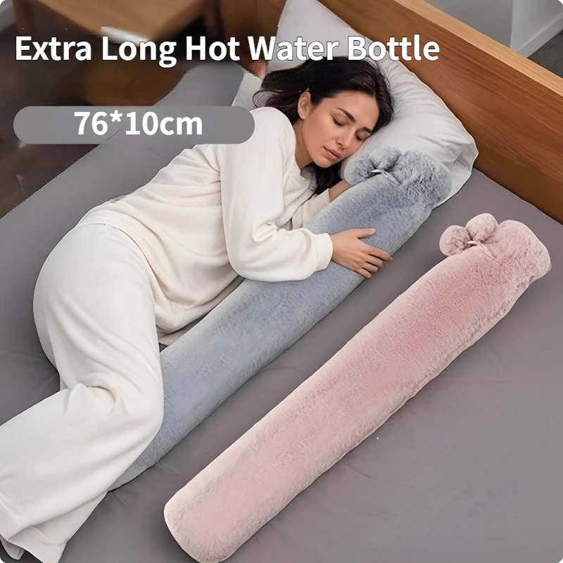 Extra lange Wärmflaschentasche mit Plüschbezug, auslaufsichere Wärmflasche mit Wasserfüllung für Bett, elektrisch-freier Wärmer