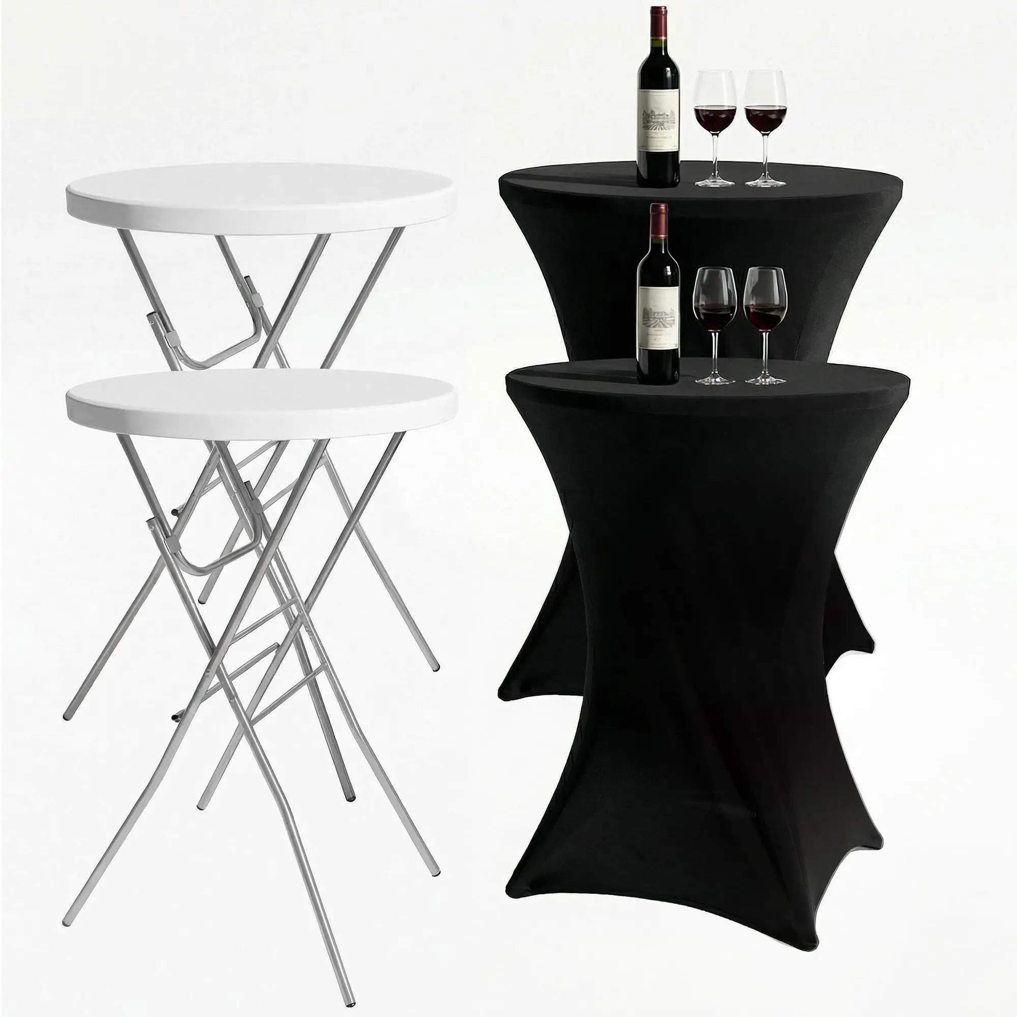 2-Pack 28 Inch Round Folding High Top Cocktail Tables with Dual Black Tablecloths, Portable Bar Height Bistro Set