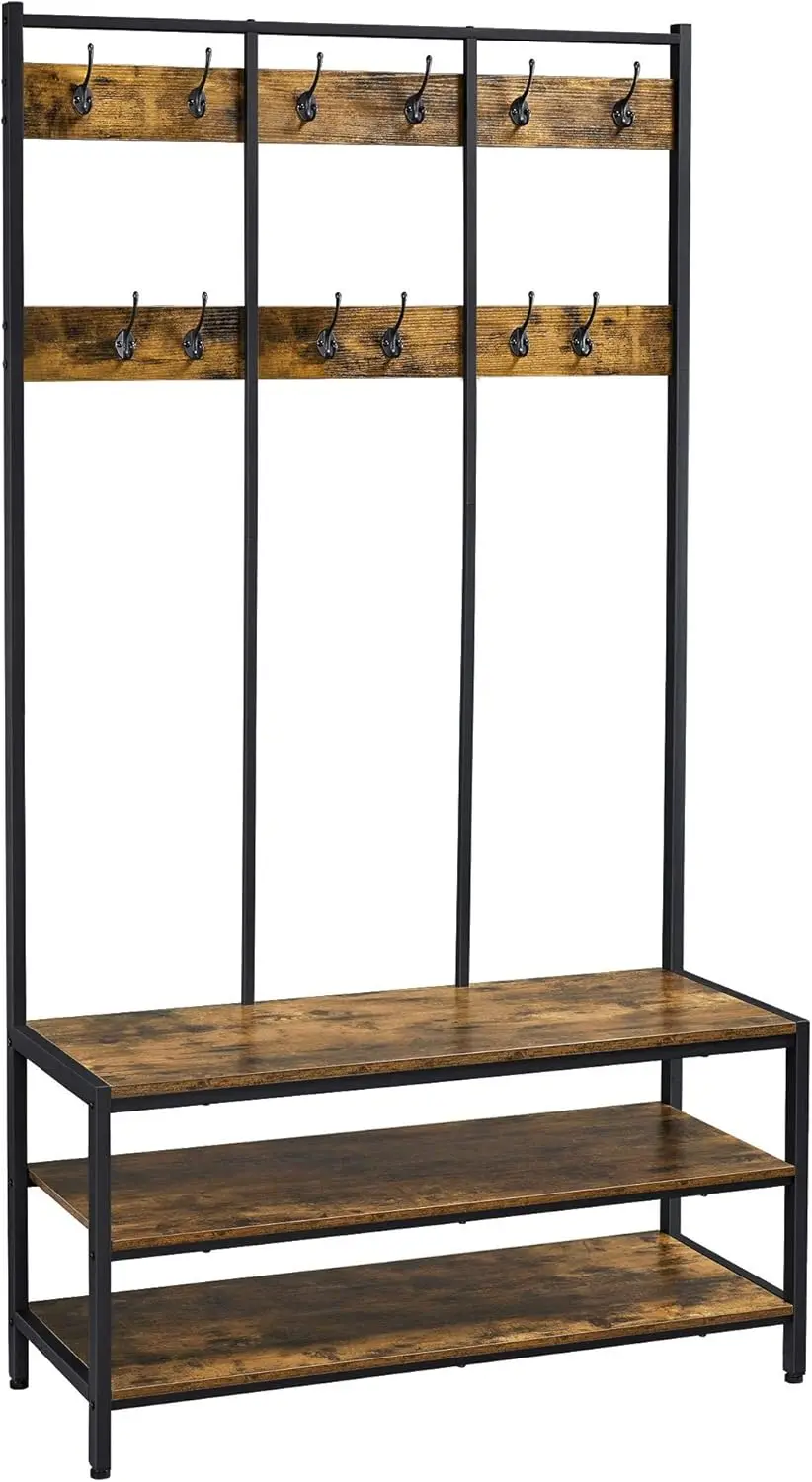 

73 Inch Hall Tree with Bench, Entryway Shoe Rack Bench with 24 Coat Hooks for Entryway Foyer Bedroom, Rustic Brown Wiggle stool