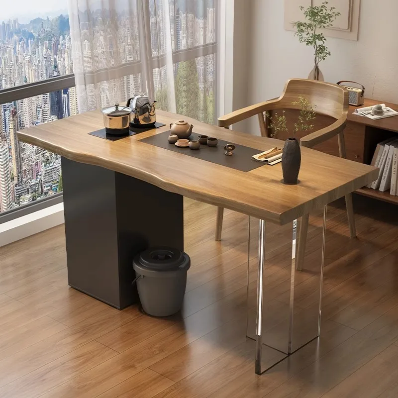 Balcony solid wood home living room tea table and chair combination small tea table kettle integrated embedded