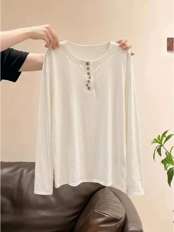 Casual Long Sleeve T-Shirt Loose Fit Irregular Button Design Breathable Cotton Polyester Blend for Women Autumn Season Beauty...