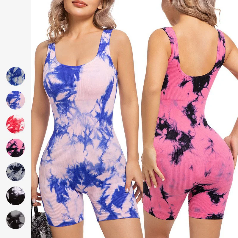 PofyBofy Tie Dye Yoga Jumpsuit Short Workout Rompers One Piece Short Jumpsuits Square Neck Sleeveless Yoga Unitard Bodysuit