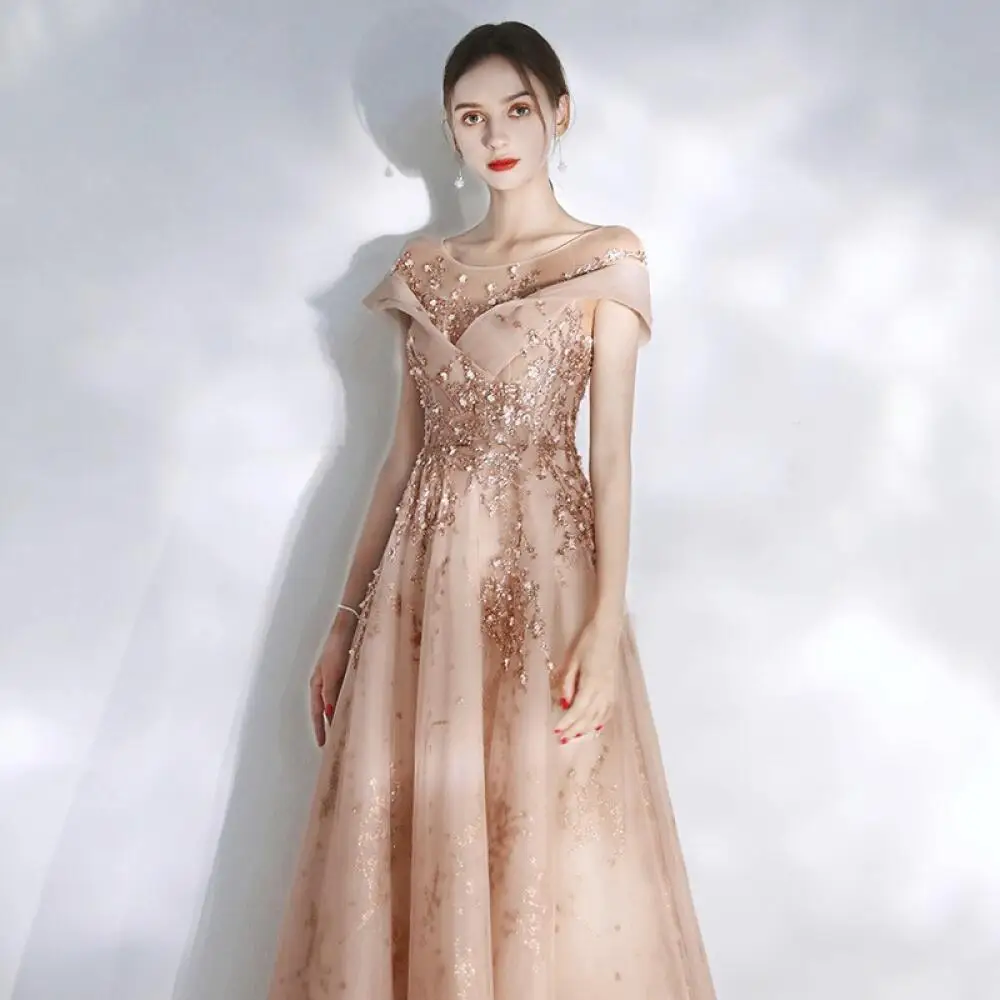 New Women's Champagne Evening Gown Off-Shoulder Lace Applique A-Line Dress Ropa Mujer