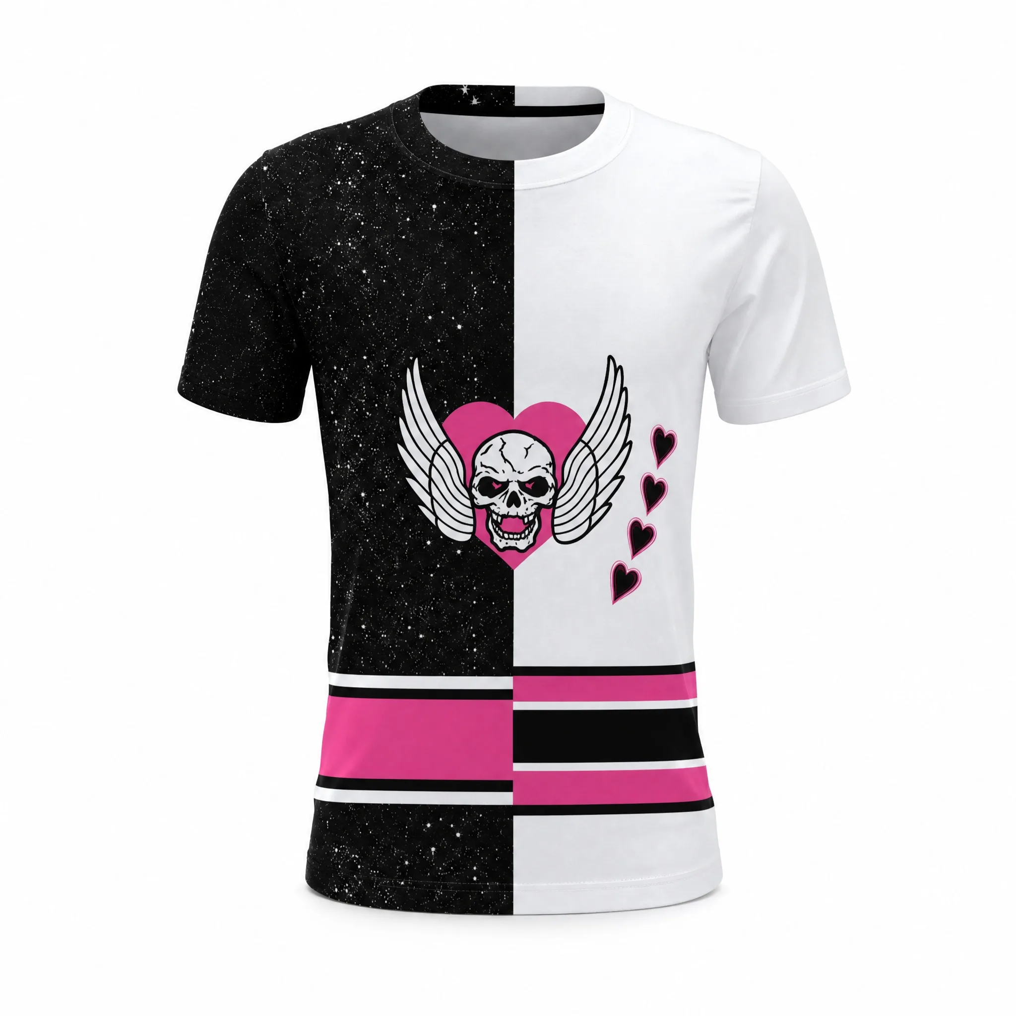 Herren-Bret-Hitman-Hart-Ringer-T-Shirt, schwarz-weiß, mit aufgesetztem rosa Herz, schlangenförmigem Totenkopf und Flügeln, 84, vorne und hinten bedrucktes T-Shirt. – Detail 6
