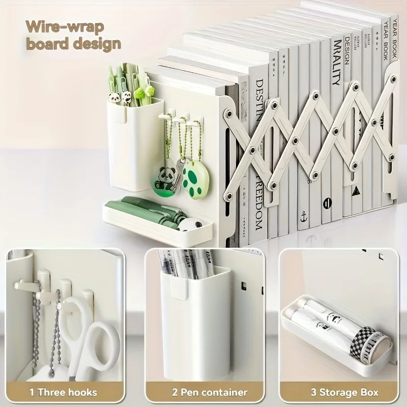Bookstand Desktop with Retractable Bookshelf Book Storage and Storage Rack with Pen Holder Fixed Book Clip Student Foldable Vook