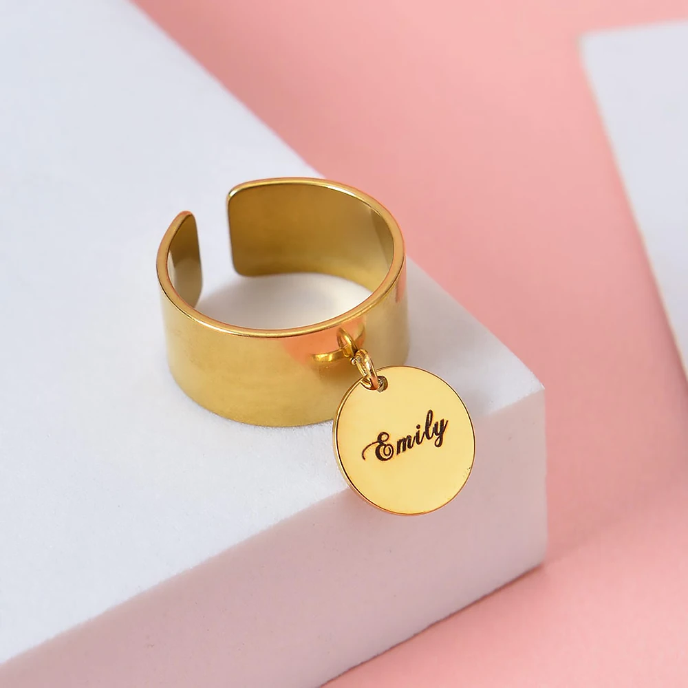 Custom Drop Ring women Circle Pendant Charm Ring Engraved Personalized Name Ring Adjustable stainless steel jewelry