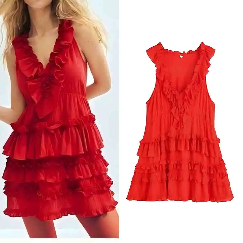 

Women's 2025 new fashion layered decoration comfortable V-neck mini dress retro sleeveless women's dress