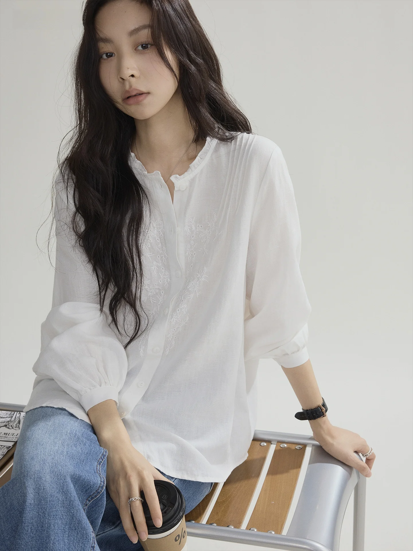 

Joli Choose Casual Long Sleeve Embroidered Silk Linen Women's Shirt Breathable Loose Fit round Neck Top Elegant Leisure