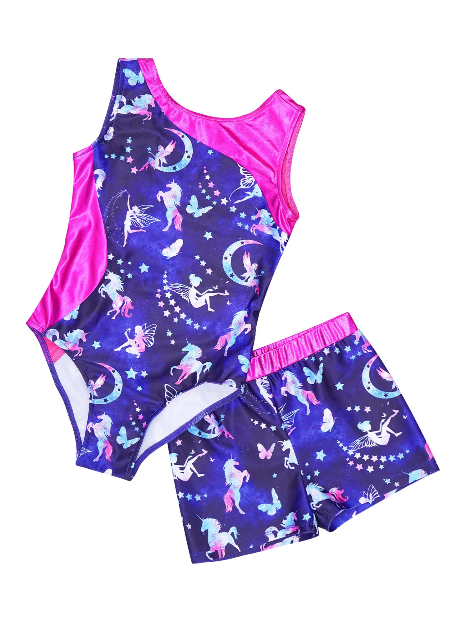 wo-piece Kids Girls Cartoon Print Gymnastics Dance Outfit Sleeveless Patchwork Leotard Jumpsuit With Elastic Waist Shorts Suit