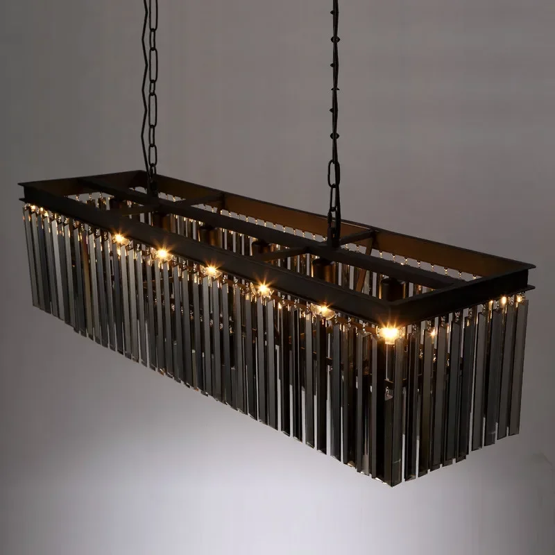 Vintage American Black Metal Gray / Amber / Clear Crystal Led Pendant Light Lustre K9 Tubular Crystal 2 Layers Pendant Light
