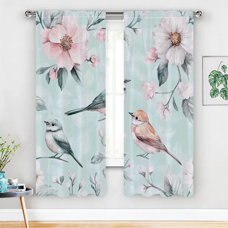 2pcs Mint green curtains with a birdsong and floral pattern, made of polyester fabric, suitable for bedrooms, offices, kitchens.