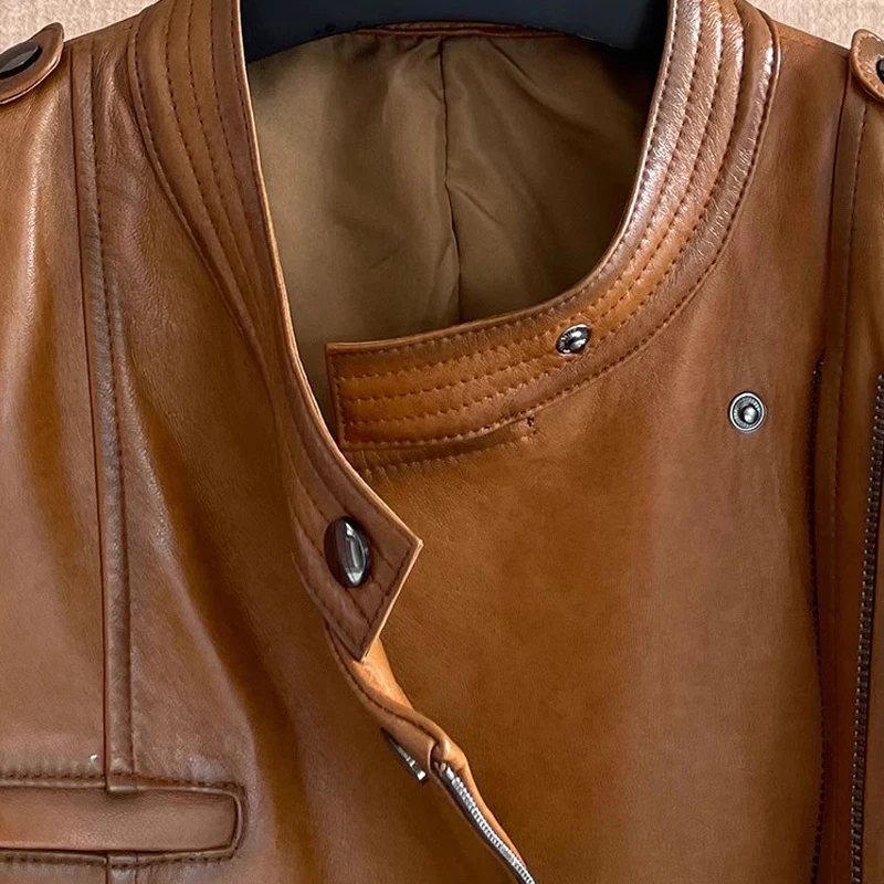 M-3XL Giacca in vera pelle per donna Autunno Inverno Stile corto Moto Vecchio cappotti da giacca slim fit in vera pelle di pecora retrò femminile