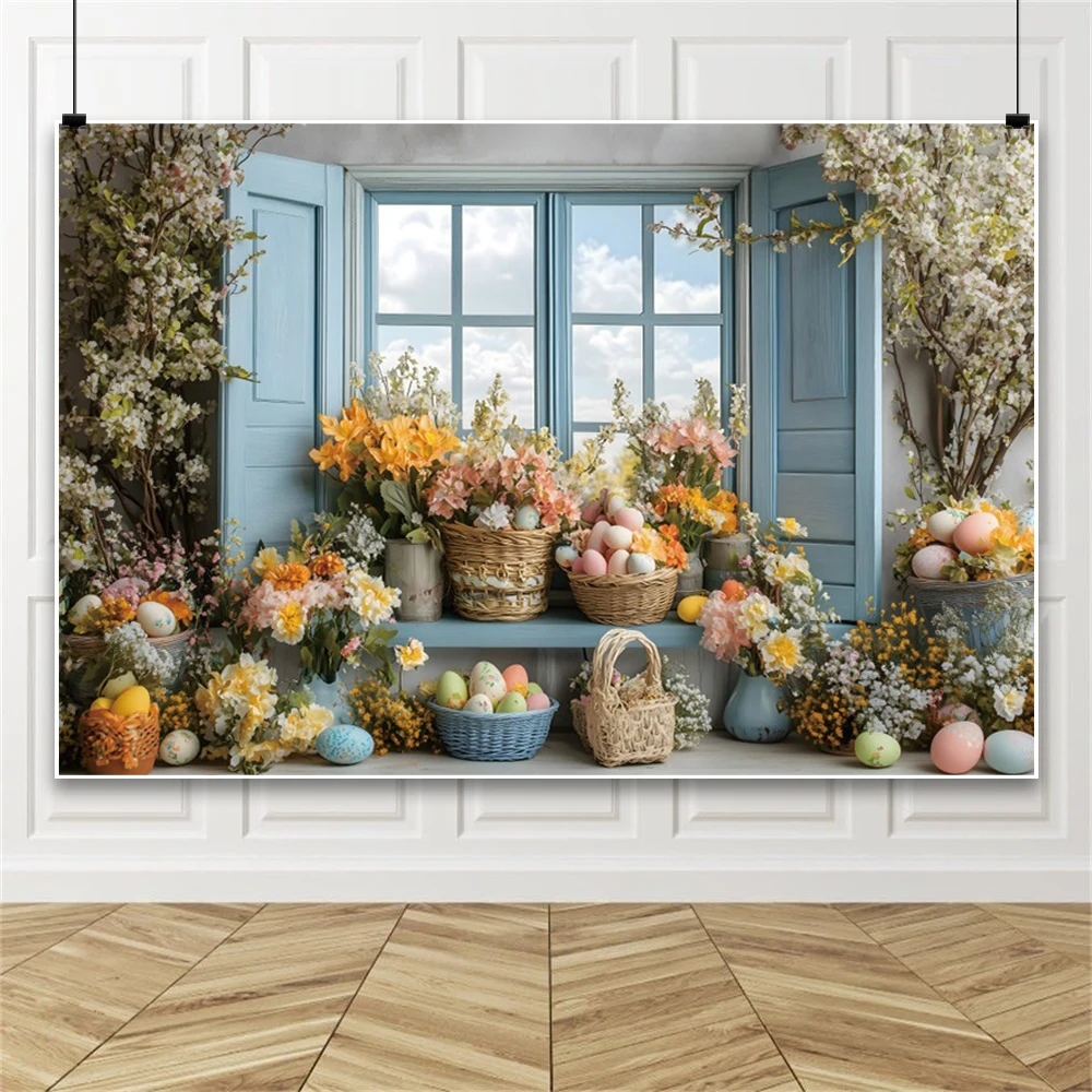 خلفية عيد الفصح للتصوير الفوتوغرافي حديقة الربيع بيض أرنب عيد الفصح زهرة السماء الغيوم نافذة خلفية استوديو الصور