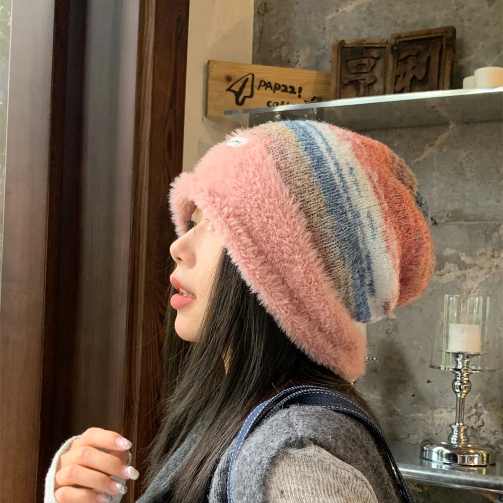 Women Knit Beanie Hat Rainbow Colorblock Thermal Earflap Winter Warm Stretchy Plus Size Slouchy Crochet Cap