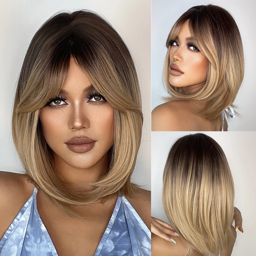 

Short Ombre Brown Hair Bangs Shoulder length Layered Synthetic Dark Roots Natural Looking Straight Wig