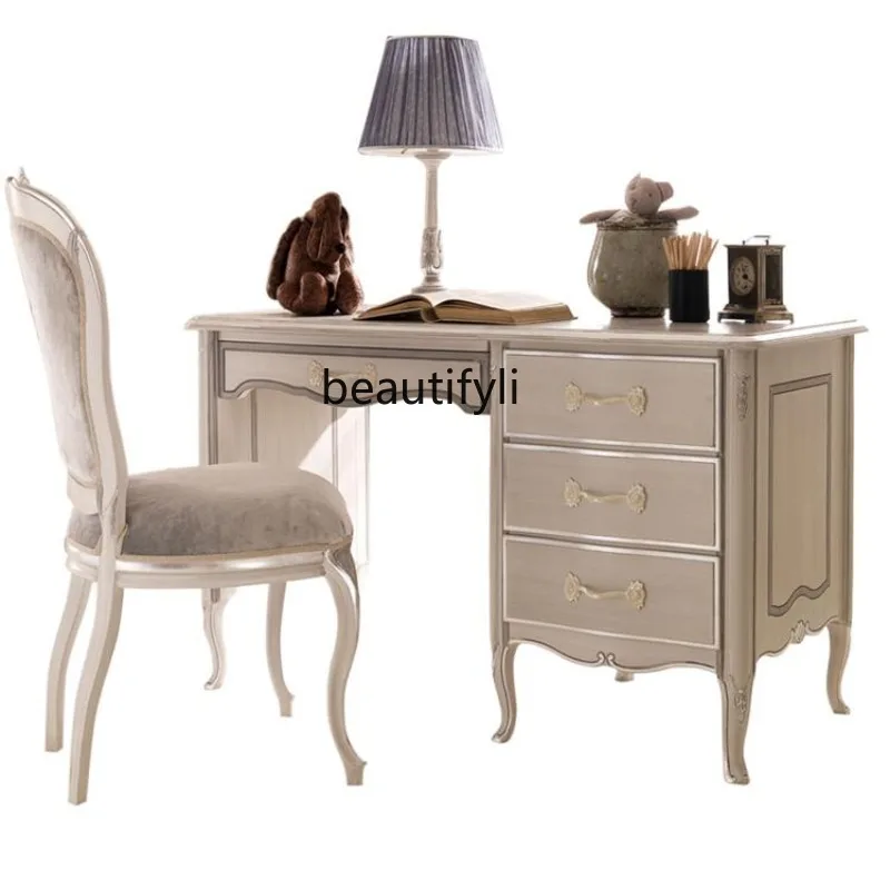 French Retro Solid Wood Carving Office Desk Chair Desktop Computer Desk Study Furniture Combination