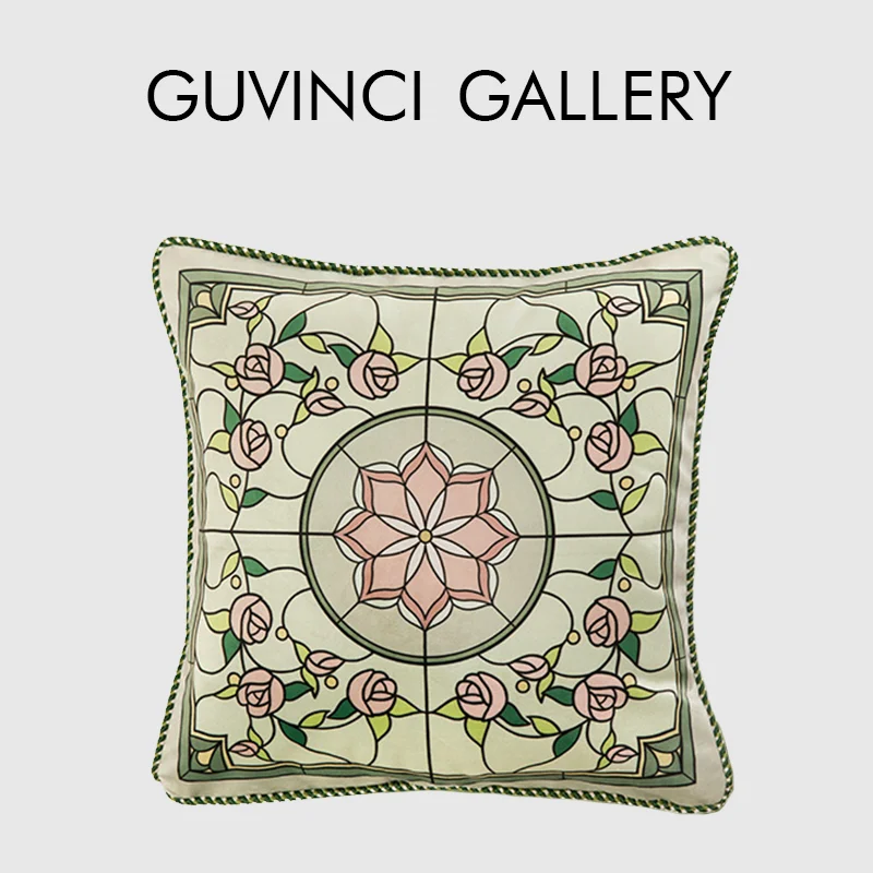 

GUVINCI GALLERY Cathedral Glass Rose Decorative Pillowcase Super Soft Velvet French Retro Cushion Cover 45x45 For Sofa Couch Bed