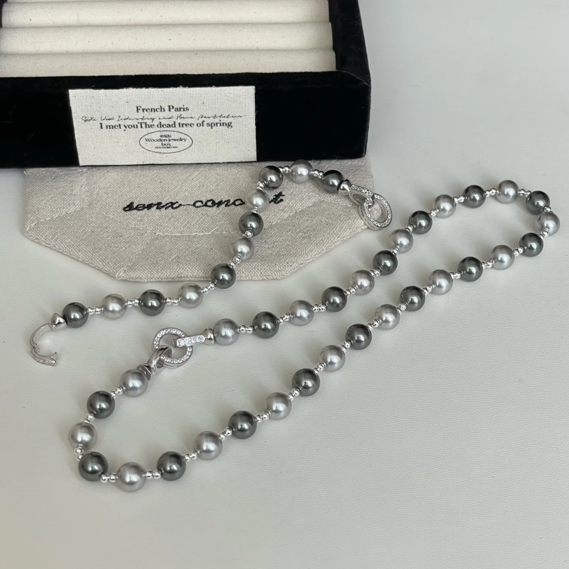 S925 pure silver genuine linen gray pearl zircon bracelet necklace with a light luxury and high-end feel, niche design