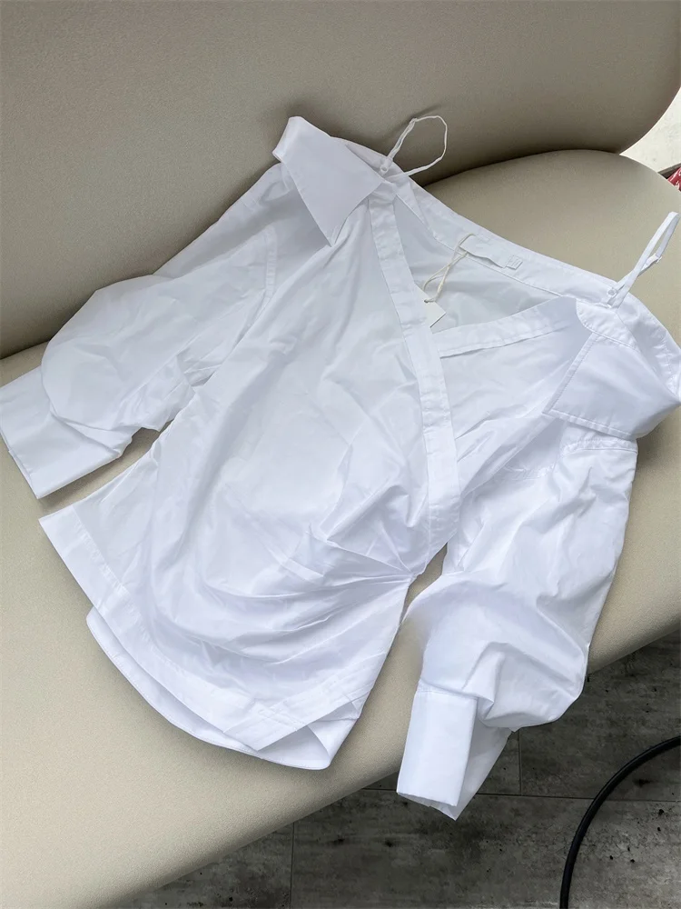 Susan Faionable Simple Commute Casual Pure Cotton Two-color One-oulder irt Top Women's Clothing V-ne Long Sve