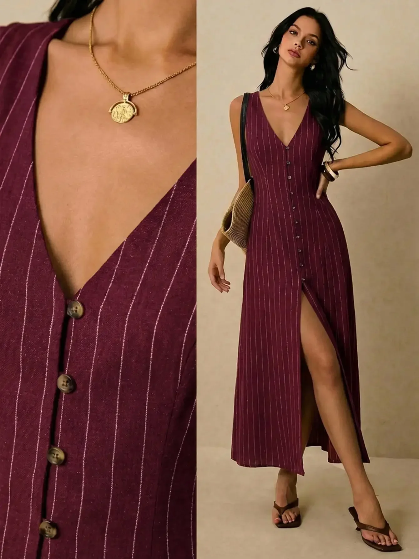 

Sleeveless V-Neck Striped Linen Maxi Dress With Front Buttons And Side Slit Casual Boho Style