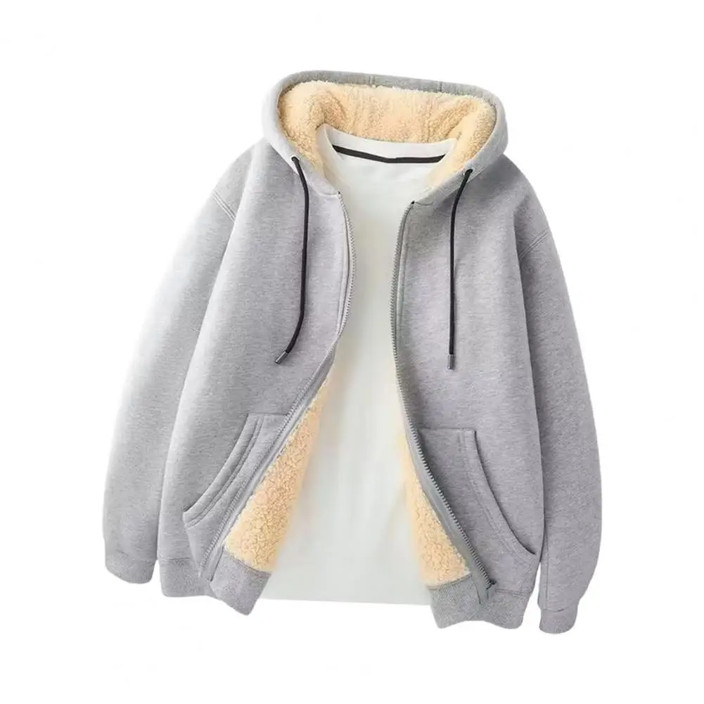 Men Hoodie Winter Hooded Fleece Jacket Zip-up Coat for Autumn Warm Lambswool Sport Jacket with Long