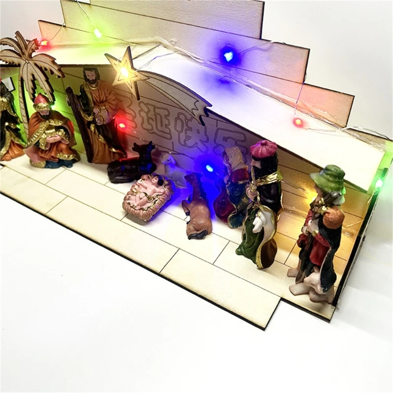 Nativity Scene Sculpture Decorations LED Lighted Tabletop Statue for Home and Office Versatile Resin Manger Ornament B03E