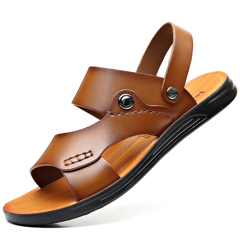 Sandálias de couro de vaca genuínas masculinas chinelo casual, sapatos de praia macios, moda