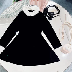 Pre-sale(ship in October) 2024 BP Autumn Black Knitted Wool Dress Girl Printed Dress Toddler Girls Clothes Birthday Party Dress