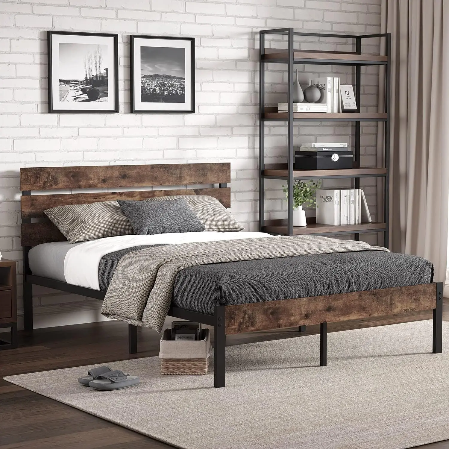 

Bed Frame with Wooden Headboard/Heavy Duty Metal Slats for Support/No Box Spring Required/No Noise/Easy To Assemble