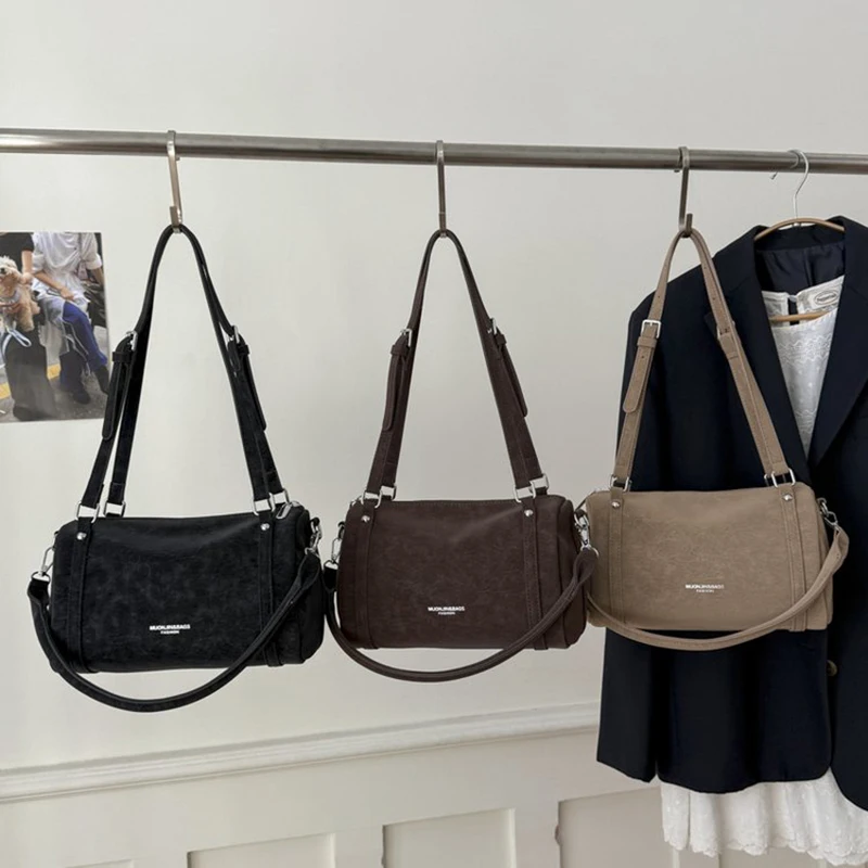 

Vintage Frosted Shoulder Bag For Women Solid Color Texture Luxury Design Handbags French Casual Fashion Autumn Bucket Bags