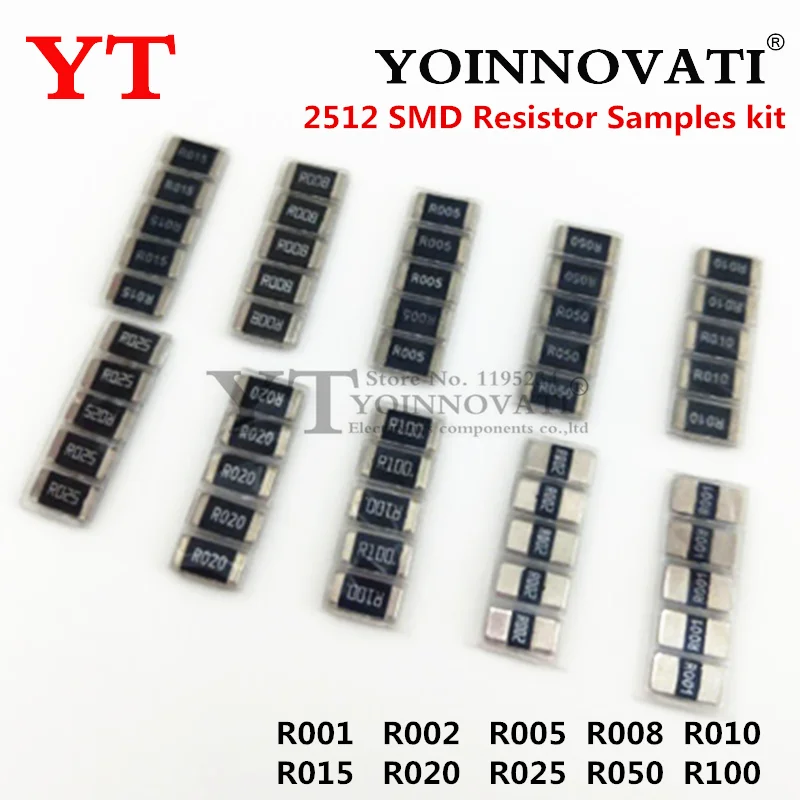 

50 шт. сопротивление сплава 2512 комплект образцов резисторов SMD 10 видовX5 шт. R001 R002 R005 R008 R010 R015 R020 R025 R050 R100