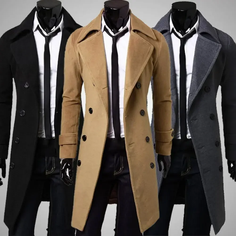 

Simple Trench Coat Double-breasted Male Men Coat Coldproof Pure Color Jacket