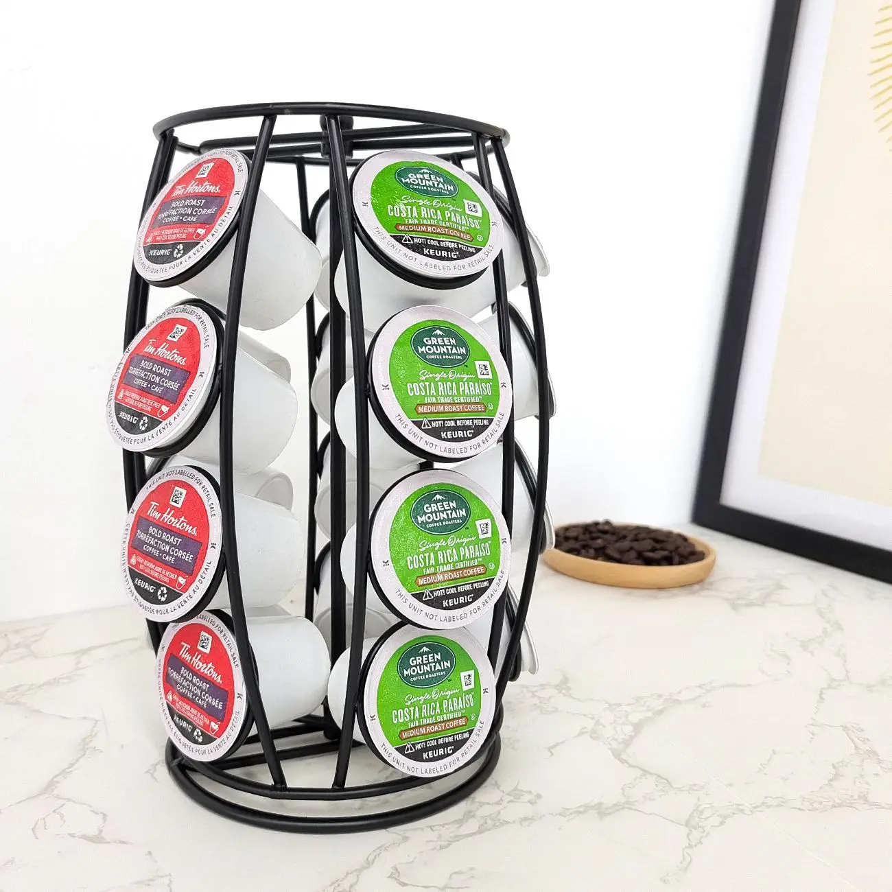 حامل كبسولات القهوة يدور 360 درجة لـ K-Cup، برج دائري بسعة 20 كبسولة، حامل رف منظم للتخزين على سطح المطبخ