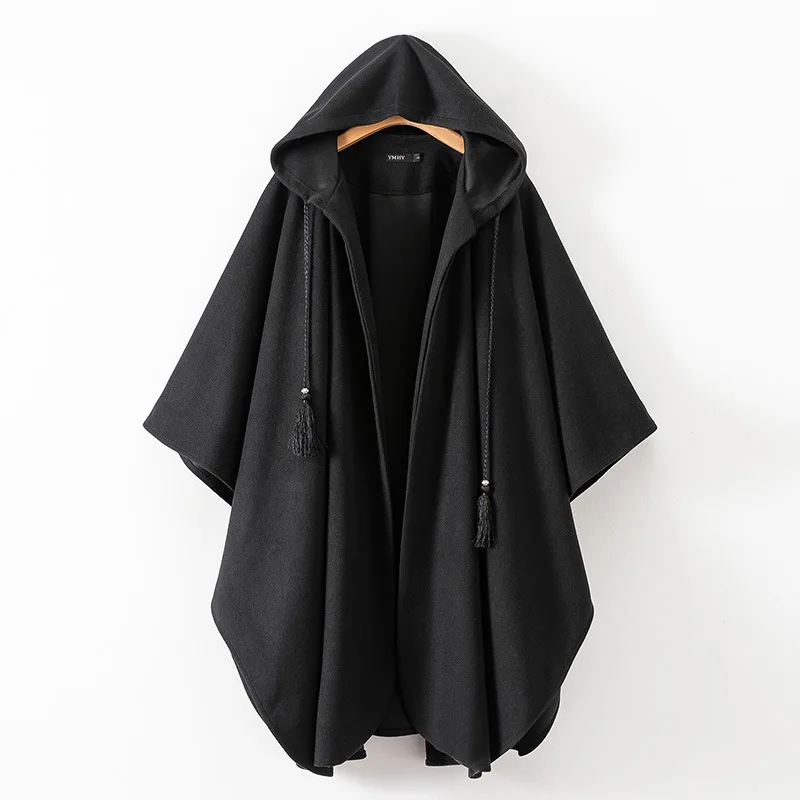 

Dark Wool Coat Hip Hop Long Cape Fashion Shawl with Hood European And American Trend Irregular Top Streetwear