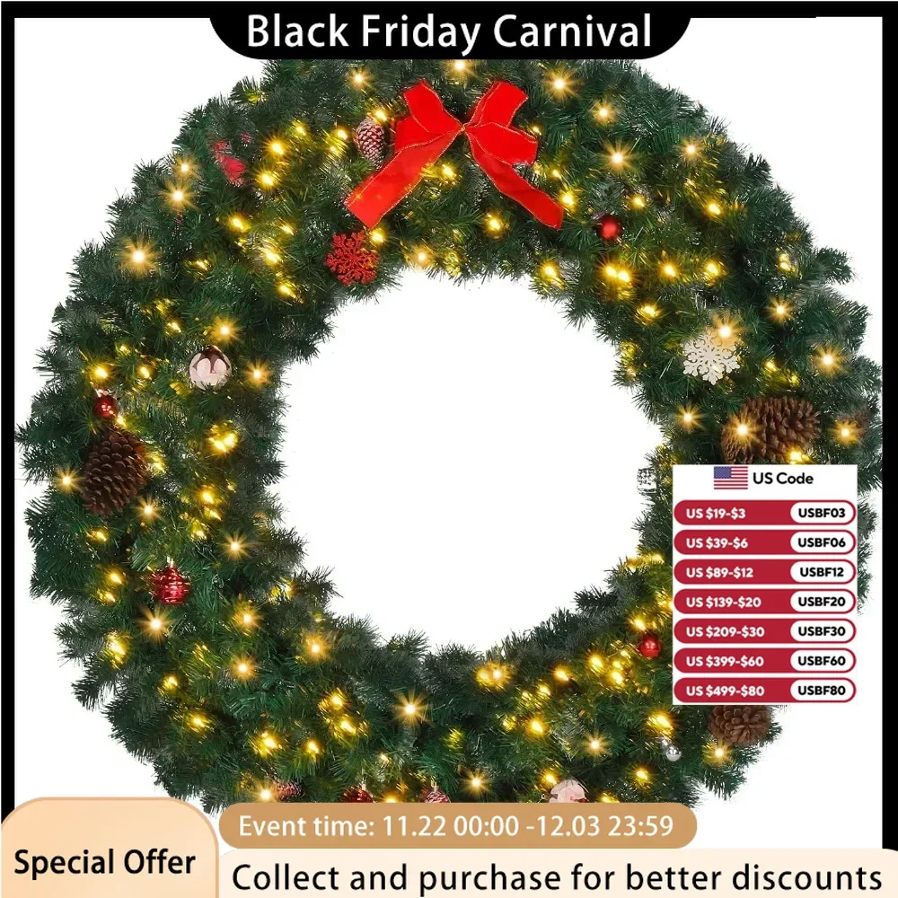 48 Inch Pre Illuminated Artificial Christmas Wreath Decoration with 150 LED Lights and 450 PVC Pillars, Christmas Door Wreath