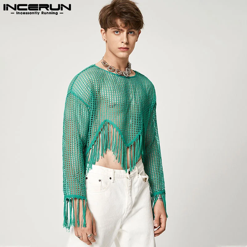 2023 Men T Shirt Mesh Tassel O-neck Long Sleeve Transparent Camisetas Sexy Streetwear Party Fashion Men Clothing S-5XL INCERUN 7