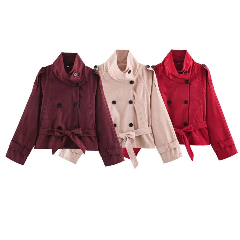 Guobioziy Women's Jacket 2026 Fall/Winter New Pure Color Long Sleeve Suede Stand Collar Tie Loose Jacket Trench Coat Stylish